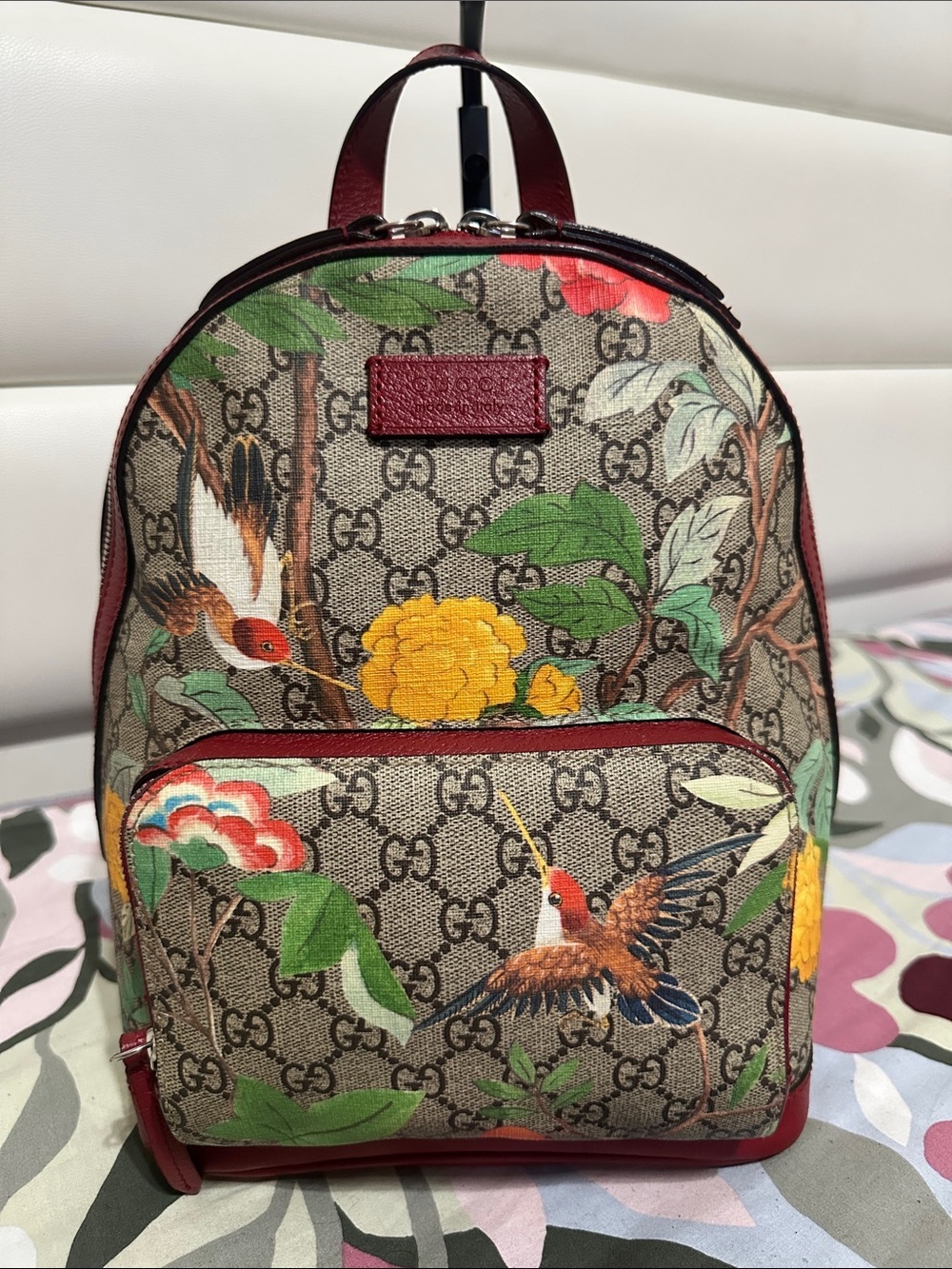 Gucci GG Canvas Backpack with Red Trim and Multicolor Floral Print